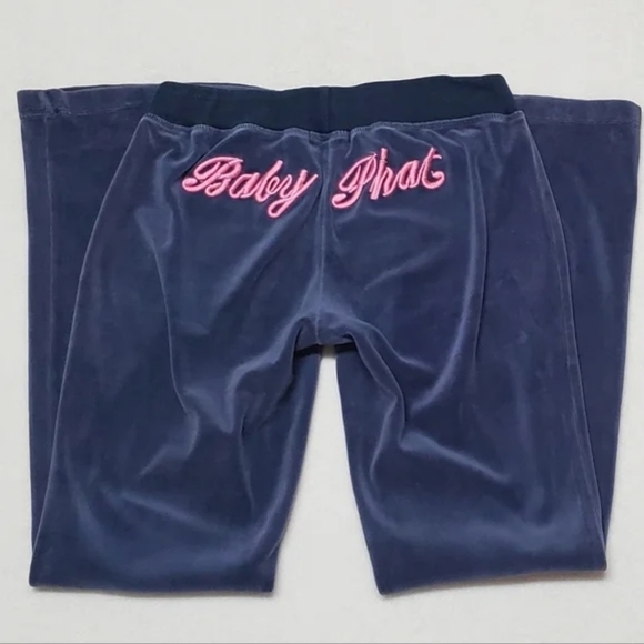 Vintage 90s Baby Phat Blue Velour Hot Pink Embroidered Low Rise Flare Track Pant - Picture 8 of 10